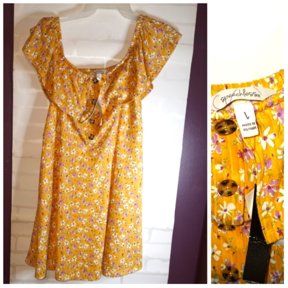 New NWT Off The Shoulder Large Gorgeous Yellow Floral Dress with Pockets